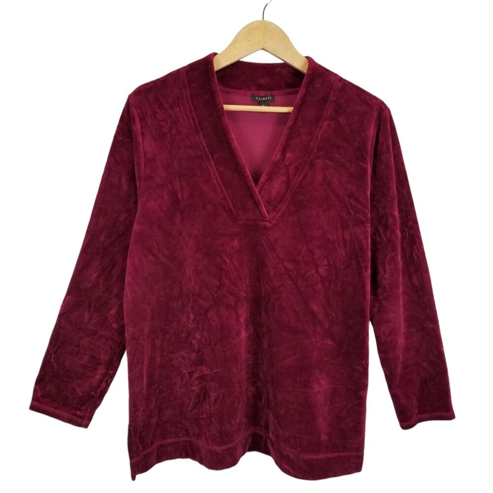 Talbots Women's Velvet Velour Burgundy Wine V-Neck Pullover Sweater Size XL